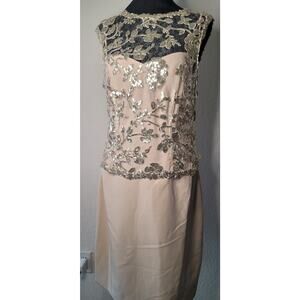 NWT Tahari Dress Champagne with Sequined Lace Overlay Top and Satiny Skirt Sz 8